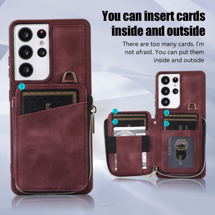 For Samsung Galaxy S21 Ultra 5G Zipper Card Bag Back Cover Phone Case(Wine Red)