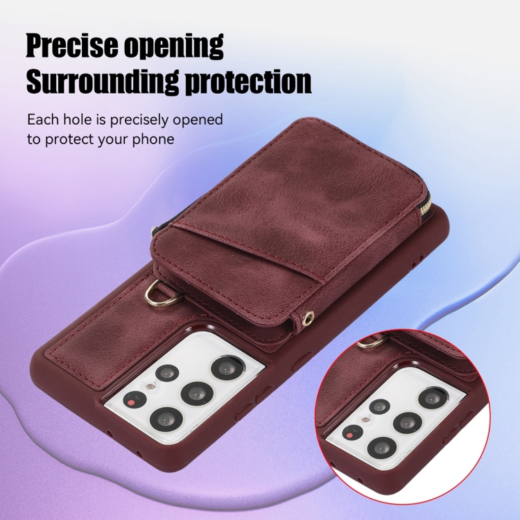 For Samsung Galaxy S21 Ultra 5G Zipper Card Bag Back Cover Phone Case(Wine Red)