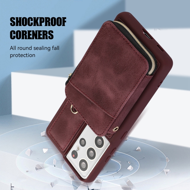 For Samsung Galaxy S21 Ultra 5G Zipper Card Bag Back Cover Phone Case(Wine Red)