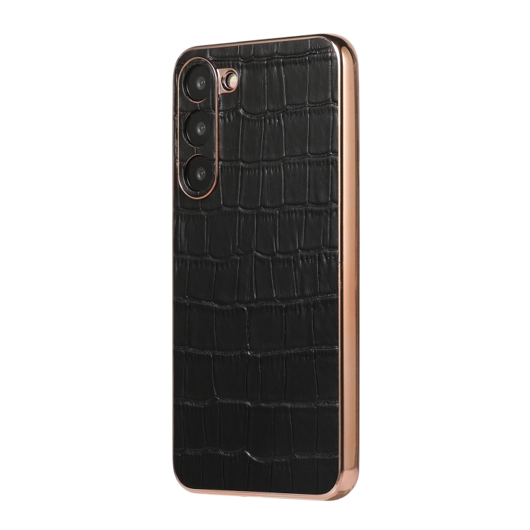 For Samsung Galaxy S23+ 5G Crocodile Texture Genuine Leather Electroplating Phone Case(Black) For Samsung Galaxy S23+ 5G Crocodile Texture Genuine Leather Electroplating Phone Case(Black)