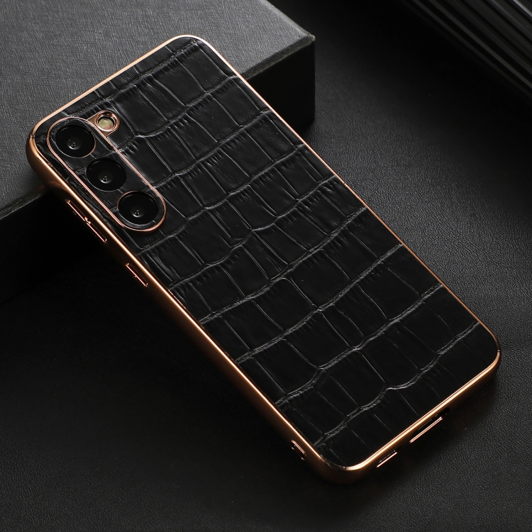 For Samsung Galaxy S23+ 5G Crocodile Texture Genuine Leather Electroplating Phone Case(Black) For Samsung Galaxy S23+ 5G Crocodile Texture Genuine Leather Electroplating Phone Case(Black)