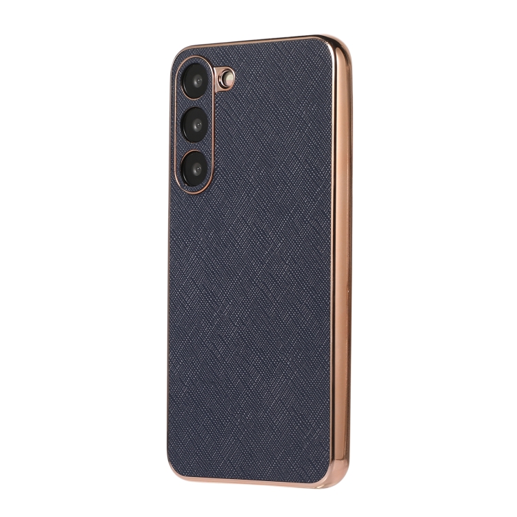 For Samsung Galaxy S23+ 5G Nano Electroplating Cross Texture Genuine Leather Phone Case(Blue) For Samsung Galaxy S23+ 5G Nano Electroplating Cross Texture Genuine Leather Phone Case(Blue)