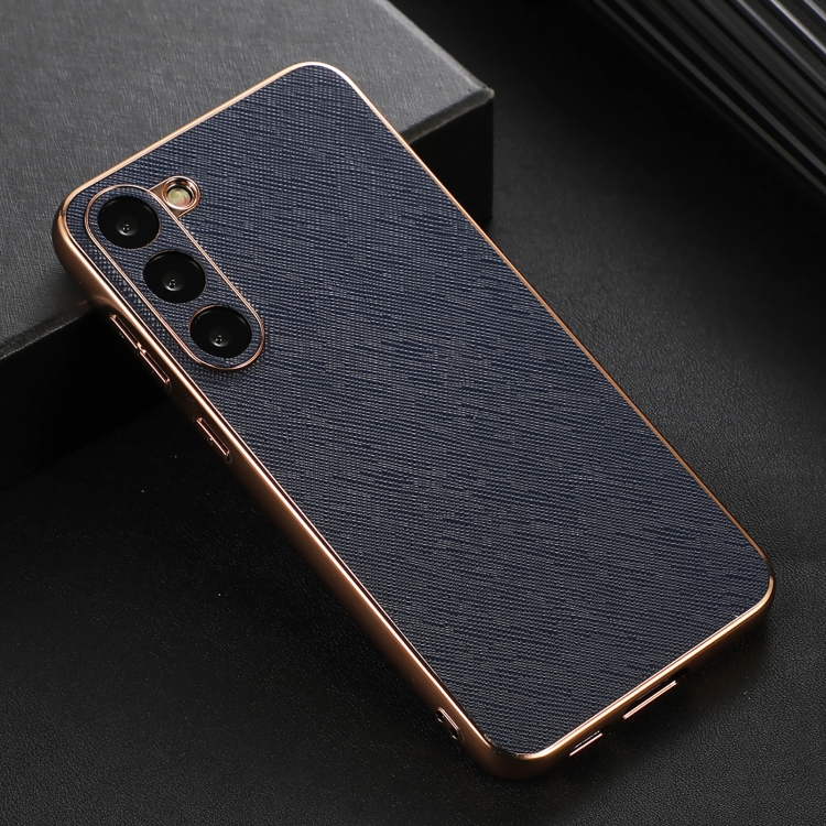 For Samsung Galaxy S23+ 5G Nano Electroplating Cross Texture Genuine Leather Phone Case(Blue) For Samsung Galaxy S23+ 5G Nano Electroplating Cross Texture Genuine Leather Phone Case(Blue)