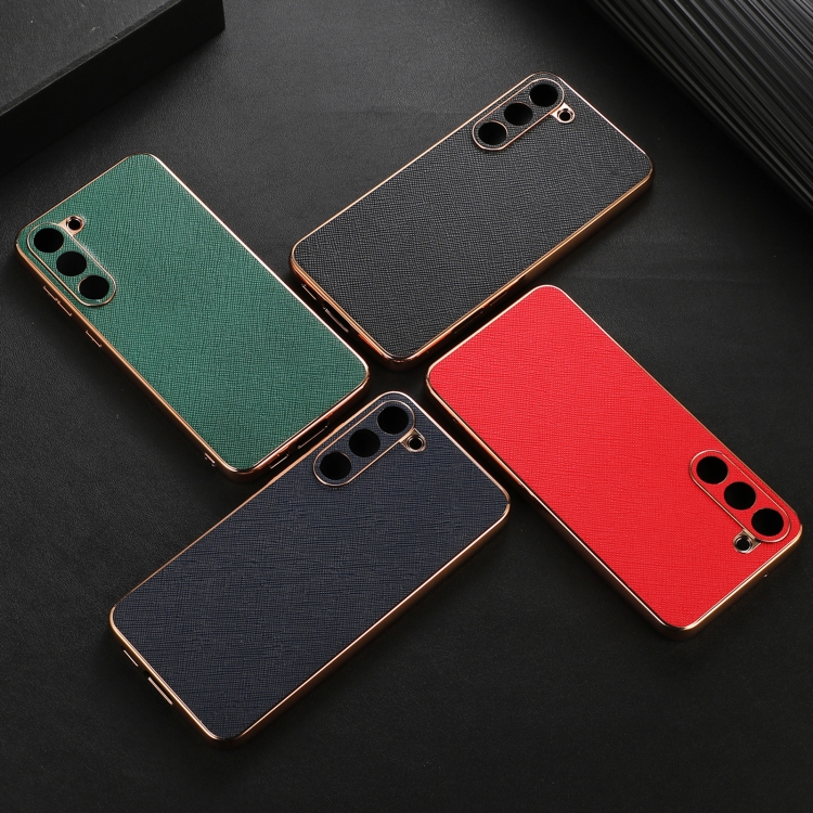For Samsung Galaxy S23+ 5G Nano Electroplating Cross Texture Genuine Leather Phone Case(Blue) For Samsung Galaxy S23+ 5G Nano Electroplating Cross Texture Genuine Leather Phone Case(Blue)