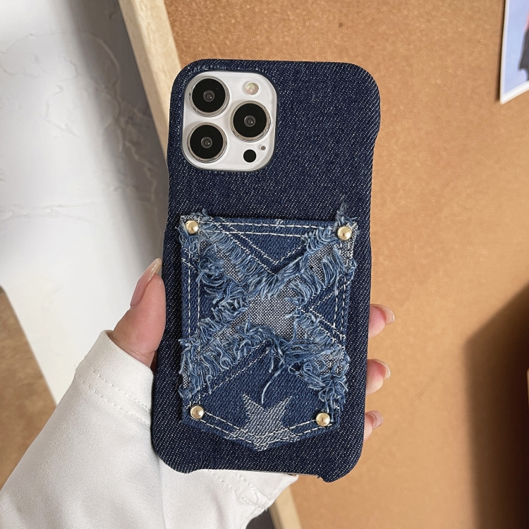 For iPhone 14 Star Denim Card Pocket Phone Case(Blue) For iPhone 14 Star Denim Card Pocket Phone Case(Blue)