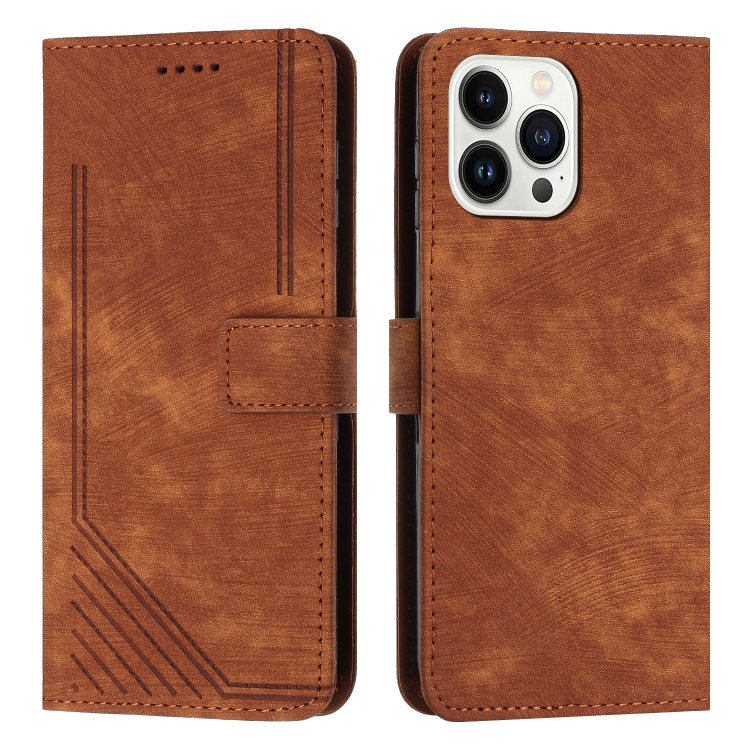 For iPhone 14 Pro Max Skin Feel Stripe Pattern Leather Phone Case with Lanyard(Brown) For iPhone 14 Pro Max Skin Feel Stripe Pattern Leather Phone Case with Lanyard(Brown)