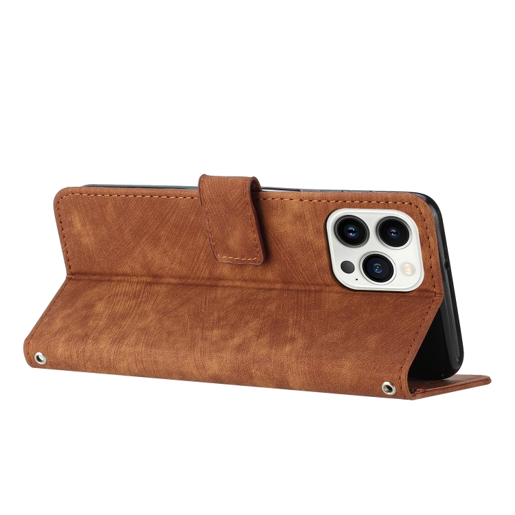 For iPhone 14 Pro Max Skin Feel Stripe Pattern Leather Phone Case with Lanyard(Brown) For iPhone 14 Pro Max Skin Feel Stripe Pattern Leather Phone Case with Lanyard(Brown)