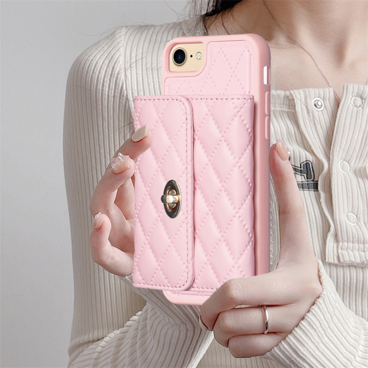 For iPhone SE 2022 / 2020 / 8 / 7 Horizontal Metal Buckle Wallet Rhombic Leather Phone Case(Pink) For iPhone SE 2022 / 2020 / 8 / 7 Horizontal Metal Buckle Wallet Rhombic Leather Phone Case(Pink)