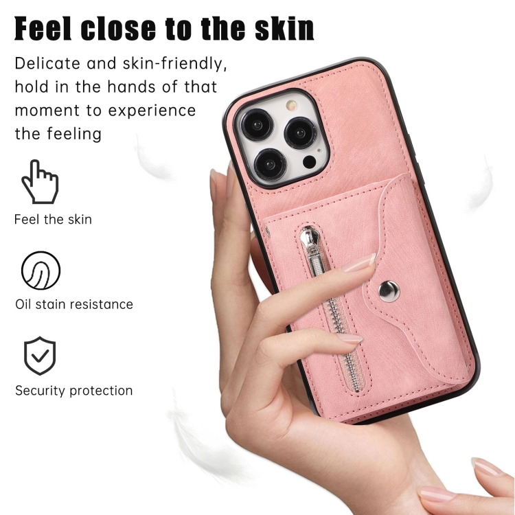 For iPhone 12 mini Zipper RFID Card Slot Phone Case with Short Lanyard(Rose Gold)