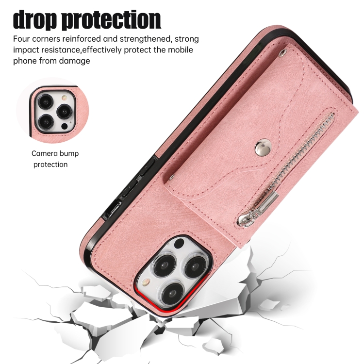 For iPhone 12 mini Zipper RFID Card Slot Phone Case with Short Lanyard(Rose Gold)