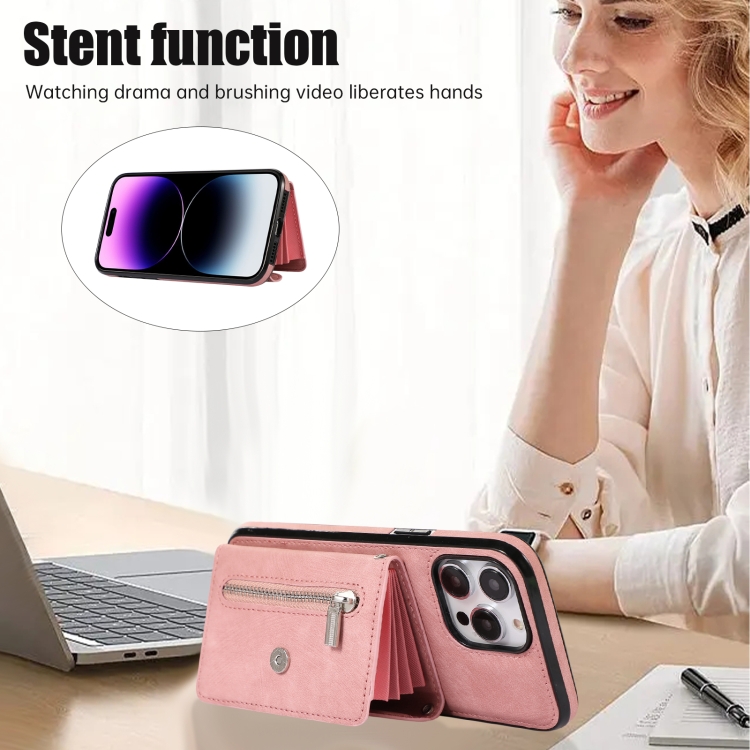 For iPhone 12 mini Zipper RFID Card Slot Phone Case with Short Lanyard(Rose Gold)