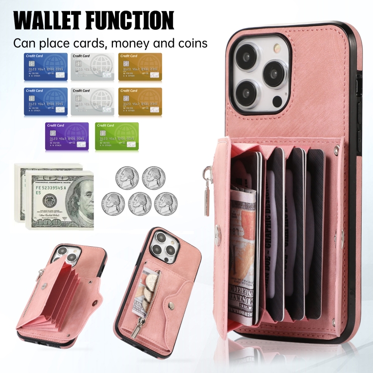 For iPhone 12 mini Zipper RFID Card Slot Phone Case with Short Lanyard(Rose Gold)