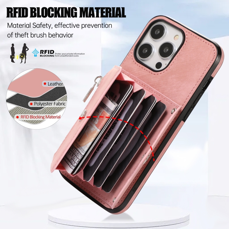 For iPhone 12 mini Zipper RFID Card Slot Phone Case with Short Lanyard(Rose Gold)