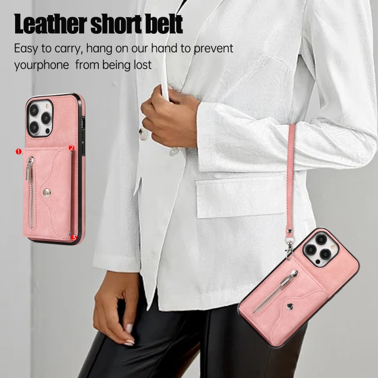 For iPhone 12 mini Zipper RFID Card Slot Phone Case with Short Lanyard(Rose Gold)