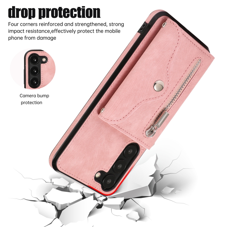 For Samsung Galaxy S23 Ultra 5G Zipper RFID Card Slots Phone Case with Short Lanyard(Rose Gold)
