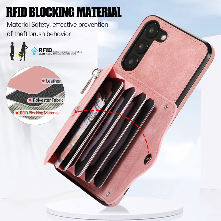 For Samsung Galaxy S23 Ultra 5G Zipper RFID Card Slots Phone Case with Short Lanyard(Rose Gold)