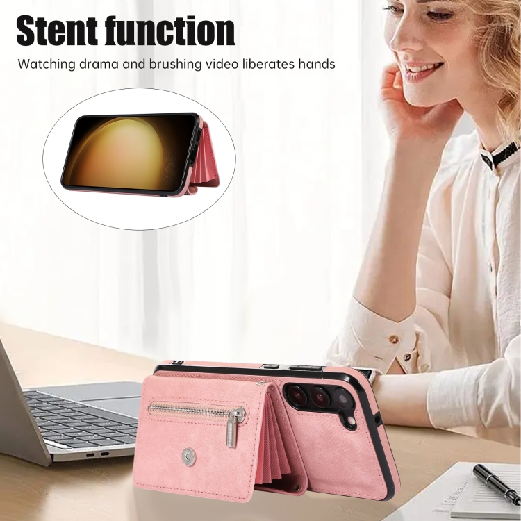 For Samsung Galaxy S23 Ultra 5G Zipper RFID Card Slots Phone Case with Short Lanyard(Rose Gold)