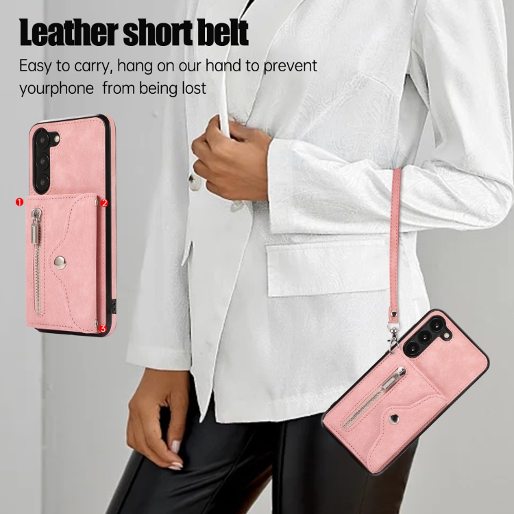 For Samsung Galaxy S23 Ultra 5G Zipper RFID Card Slots Phone Case with Short Lanyard(Rose Gold)