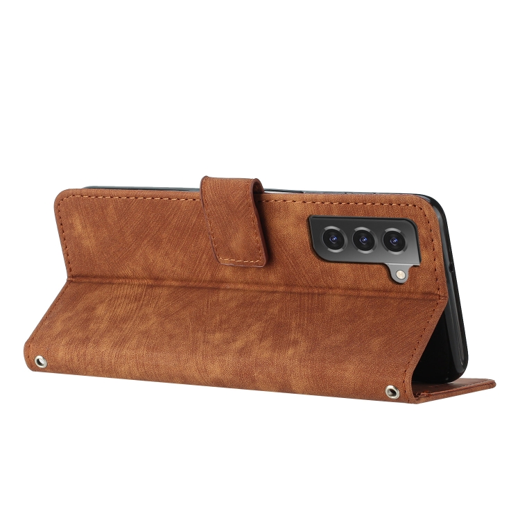For Samsung Galaxy S22 5G Skin Feel Stripe Pattern Leather Phone Case with Lanyard(Brown) For Samsung Galaxy S22 5G Skin Feel Stripe Pattern Leather Phone Case with Lanyard(Brown)