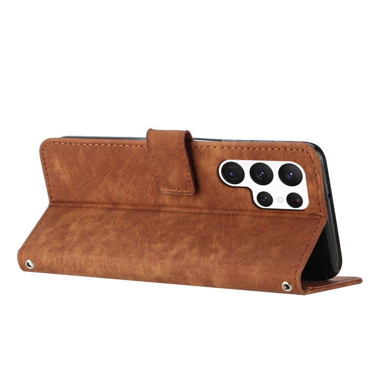 For Samsung Galaxy S22 Ultra 5G Skin Feel Stripe Pattern Leather Phone Case with Lanyard(Brown) For Samsung Galaxy S22 Ultra 5G Skin Feel Stripe Pattern Leather Phone Case with Lanyard(Brown)