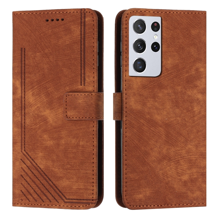 For Samsung Galaxy S21 Ultra 5G Skin Feel Stripe Pattern Leather Phone Case with Lanyard(Brown) For Samsung Galaxy S21 Ultra 5G Skin Feel Stripe Pattern Leather Phone Case with Lanyard(Brown)