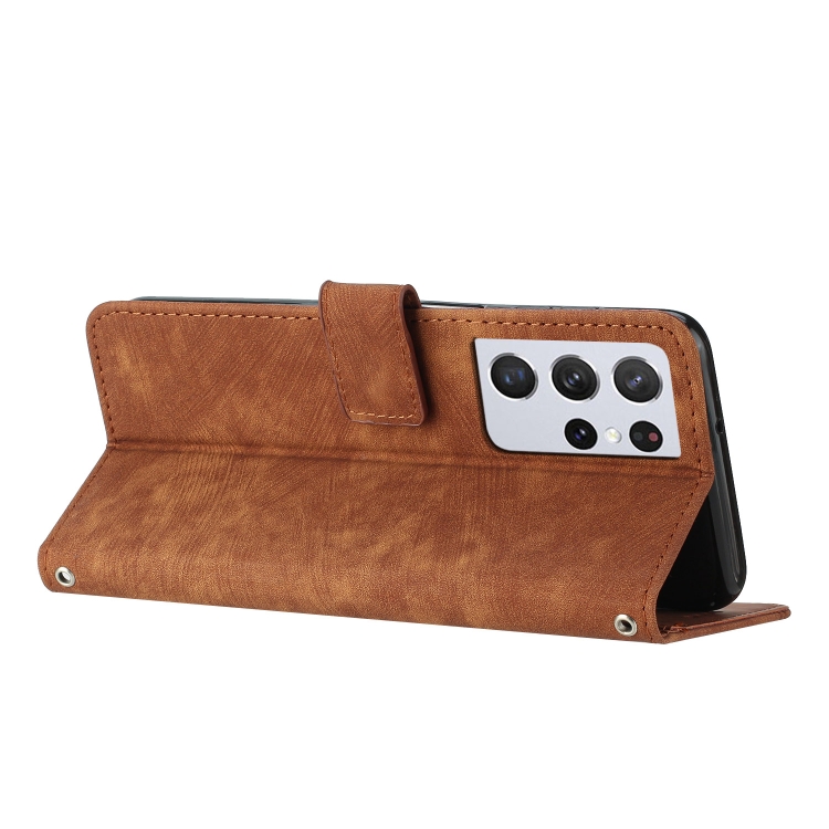 For Samsung Galaxy S21 Ultra 5G Skin Feel Stripe Pattern Leather Phone Case with Lanyard(Brown) For Samsung Galaxy S21 Ultra 5G Skin Feel Stripe Pattern Leather Phone Case with Lanyard(Brown)