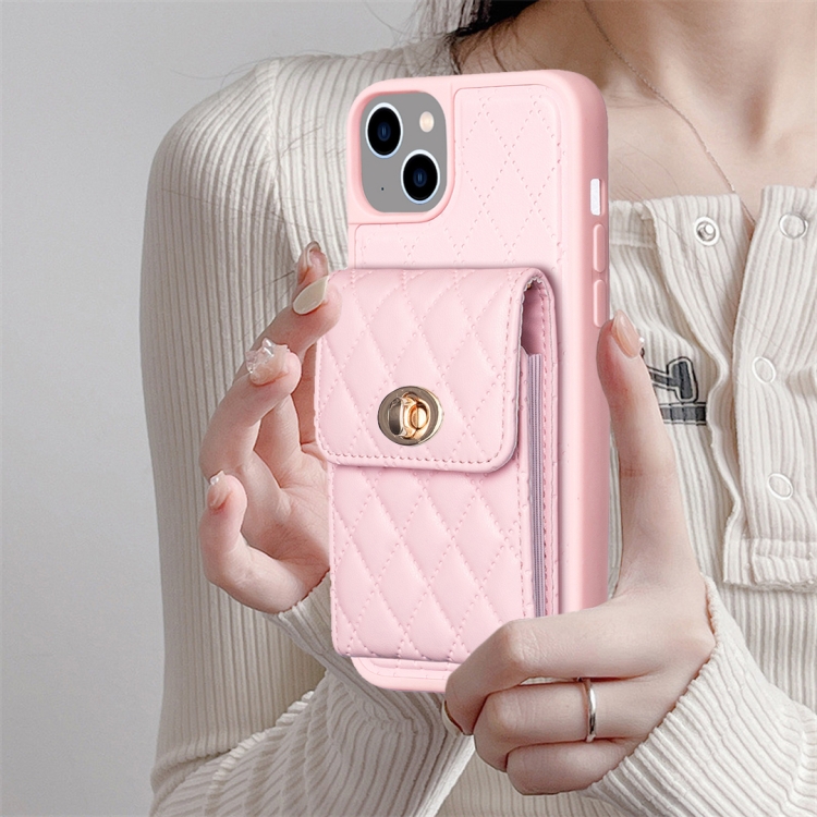 For iPhone 14 Plus Vertical Metal Buckle Wallet Rhombic Leather Phone Case(Pink) For iPhone 14 Plus Vertical Metal Buckle Wallet Rhombic Leather Phone Case(Pink)