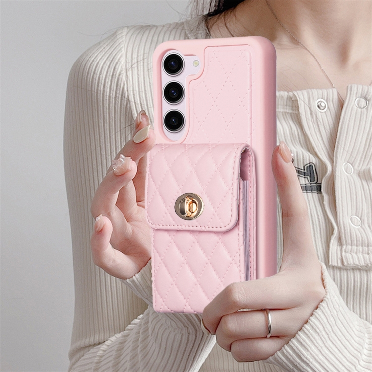 For Samsung Galaxy S23 5G Vertical Metal Buckle Wallet Rhombic Leather Phone Case(Pink) For Samsung Galaxy S23 5G Vertical Metal Buckle Wallet Rhombic Leather Phone Case(Pink)
