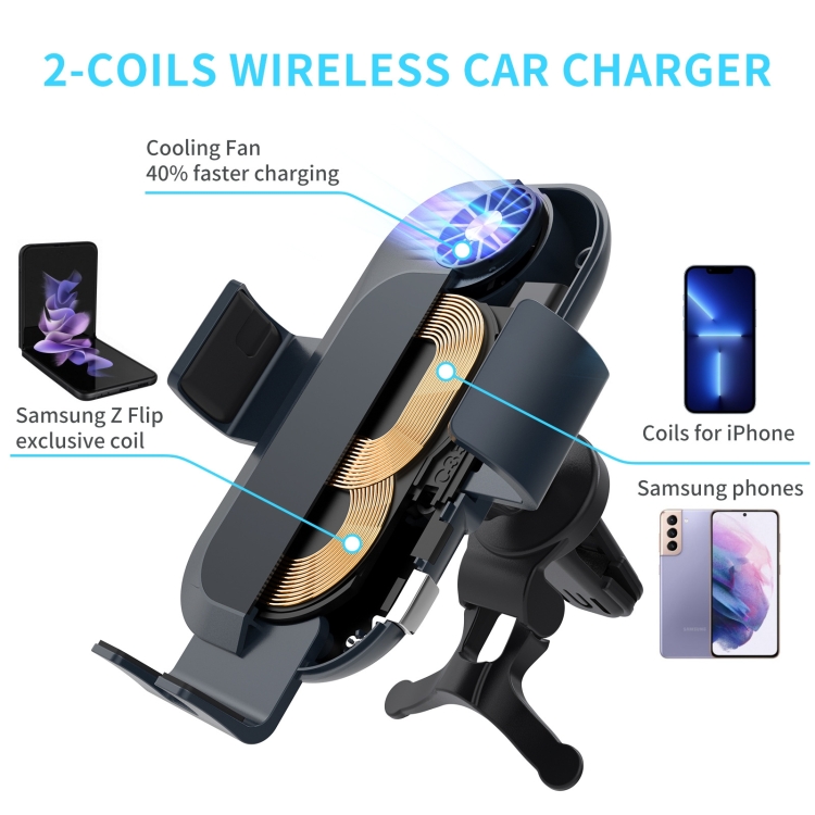 For Samsung Galaxy Z Flip4 / 3 C35 Fan Cooling Dual Coil Car Phone Holder Wireless Charger For Samsung Galaxy Z Flip4 / 3 C35 Fan Cooling Dual Coil Car Phone Holder Wireless Charger