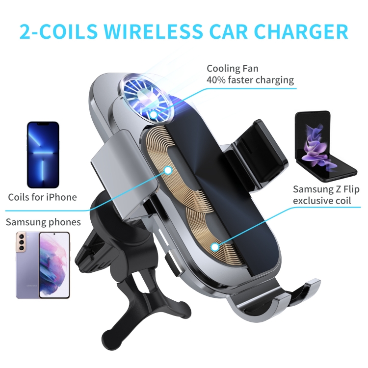For Samsung Galaxy Z Flip4 / 3 C36 Fan Cooling Dual Coil Car Phone Holder Wireless Charger For Samsung Galaxy Z Flip4 / 3 C36 Fan Cooling Dual Coil Car Phone Holder Wireless Charger