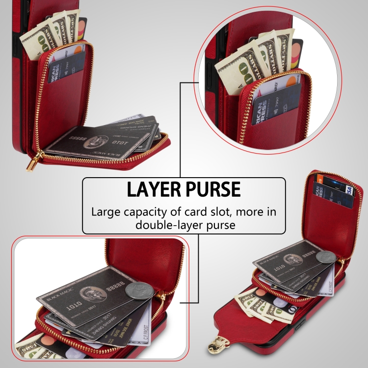 For iPhone 12 mini Zipper Hardware Card Wallet Phone Case(Red)