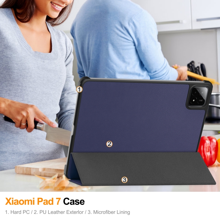 For Xiaomi Pad 7 / 7 Pro Custer Texture 3-Fold Holder Leather Smart Tablet Case(Dark Blue)