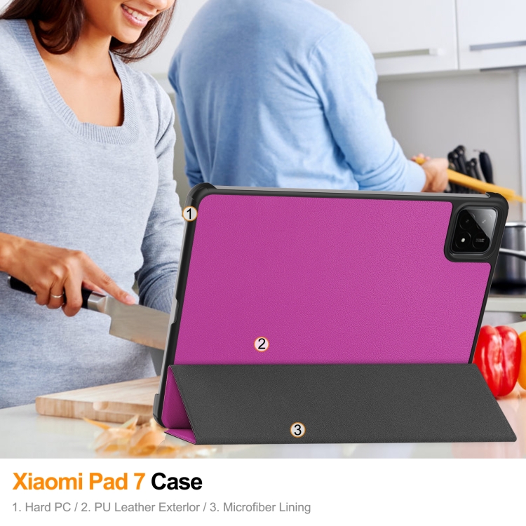 For Xiaomi Pad 7 / 7 Pro Custer Texture 3-Fold Holder Leather Smart Tablet Case(Purple)