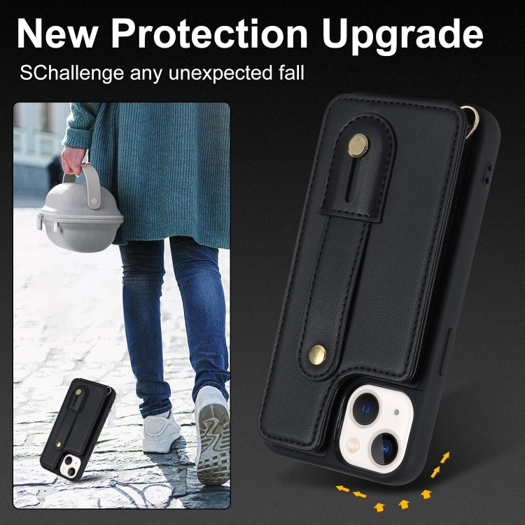 For iPhone 14 Wristband Vertical Flip Wallet Back Cover Phone Case(Black) For iPhone 14 Wristband Vertical Flip Wallet Back Cover Phone Case(Black)