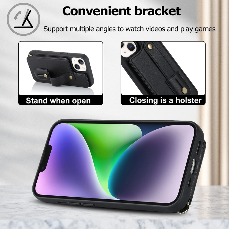 For iPhone 14 Wristband Vertical Flip Wallet Back Cover Phone Case(Black) For iPhone 14 Wristband Vertical Flip Wallet Back Cover Phone Case(Black)