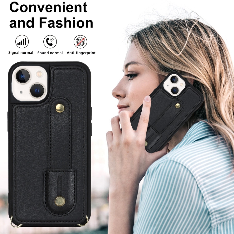 For iPhone 14 Wristband Vertical Flip Wallet Back Cover Phone Case(Black) For iPhone 14 Wristband Vertical Flip Wallet Back Cover Phone Case(Black)