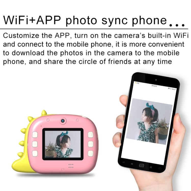JJR/C V20 Cámara de impresión WiFi Polaroid para niños con pantalla HD de 2,4 pulgadas, estilo: dinosaurio (rosa) - B3