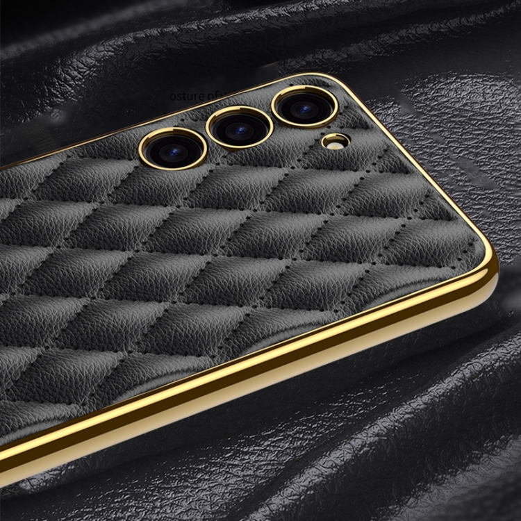 For Samsung Galaxy S23+ 5G GKK Rhombus Pattern Electroplating Plain PU Phone Case(Black) For Samsung Galaxy S23+ 5G GKK Rhombus Pattern Electroplating Plain PU Phone Case(Black)