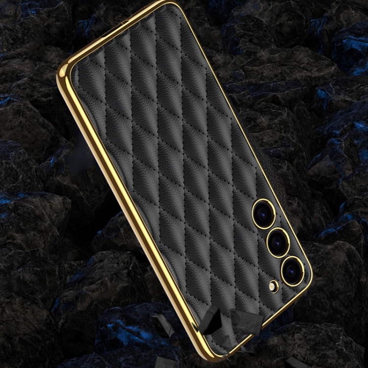 For Samsung Galaxy S23+ 5G GKK Rhombus Pattern Electroplating Plain PU Phone Case(Black) For Samsung Galaxy S23+ 5G GKK Rhombus Pattern Electroplating Plain PU Phone Case(Black)