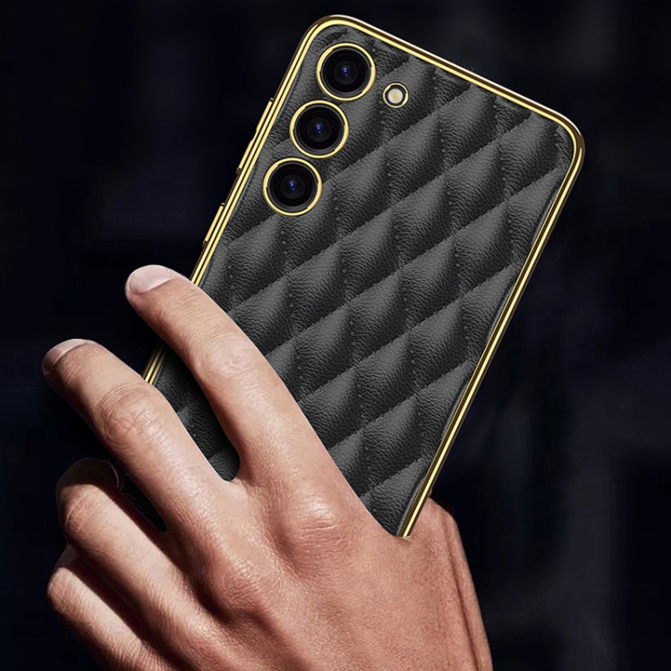 For Samsung Galaxy S23+ 5G GKK Rhombus Pattern Electroplating Plain PU Phone Case(Black) For Samsung Galaxy S23+ 5G GKK Rhombus Pattern Electroplating Plain PU Phone Case(Black)
