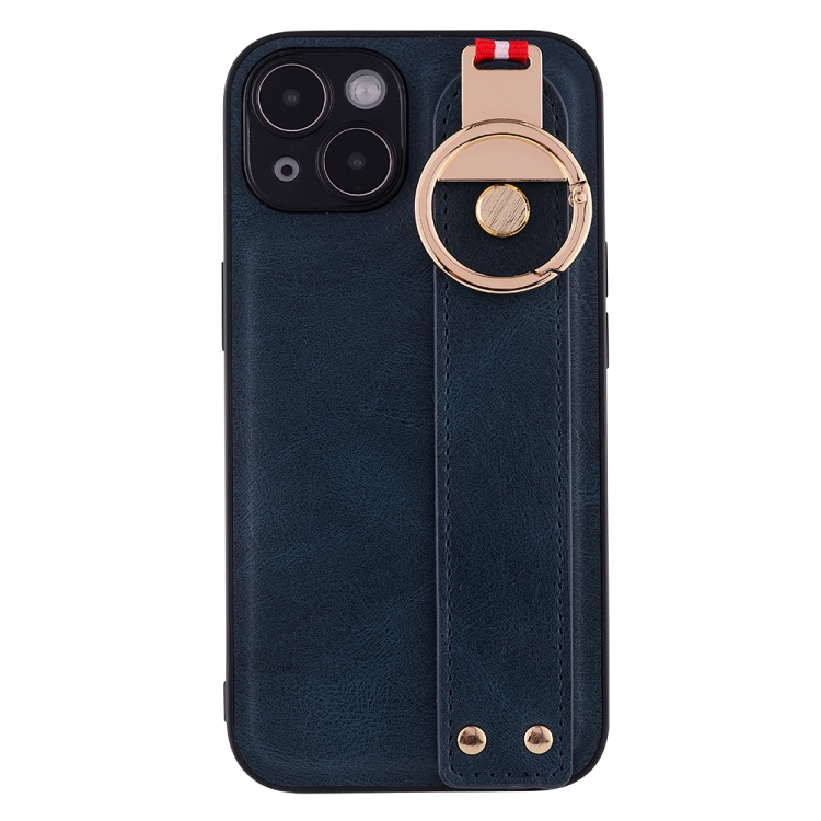 For iPhone 14 Wristband Leather Back Phone Case(Blue) For iPhone 14 Wristband Leather Back Phone Case(Blue)