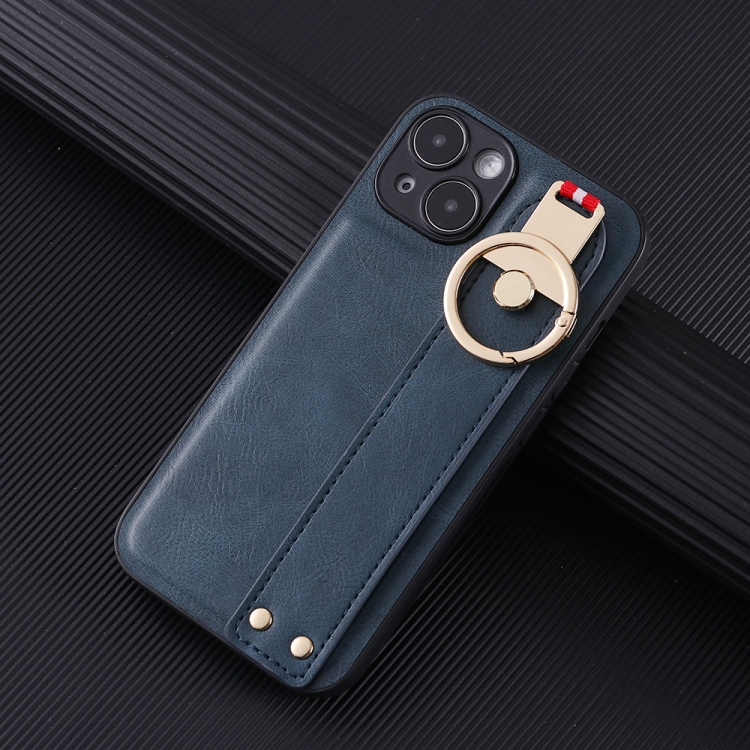 For iPhone 14 Wristband Leather Back Phone Case(Blue) For iPhone 14 Wristband Leather Back Phone Case(Blue)