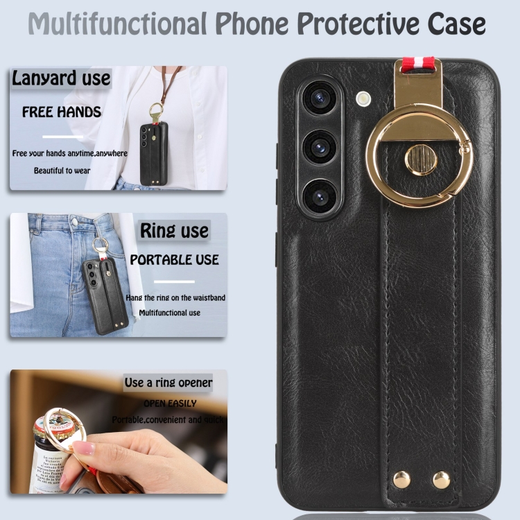 For Samsung Galaxy S23 5G Wristband Leather Back Phone Case(Black) For Samsung Galaxy S23 5G Wristband Leather Back Phone Case(Black)