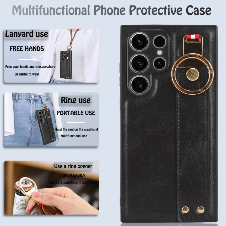 For Samsung Galaxy S23 Ultra 5G Wristband Leather Back Phone Case(Black)