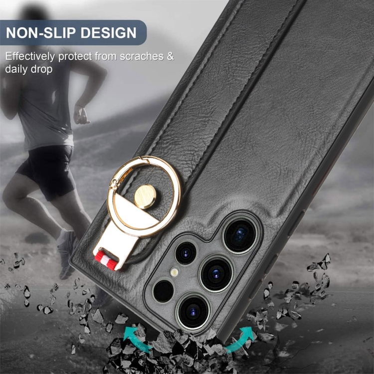 For Samsung Galaxy S23 Ultra 5G Wristband Leather Back Phone Case(Black)