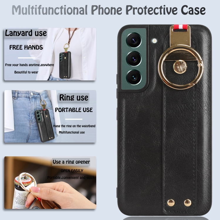 For Samsung Galaxy S22 5G Wristband Leather Back Phone Case(Black) For Samsung Galaxy S22 5G Wristband Leather Back Phone Case(Black)