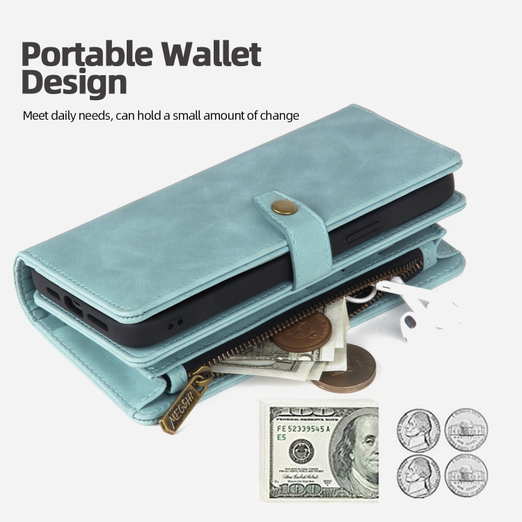 For iPhone 14 Plus Zipper Wallet Magnetic Detachable Leather Phone Case(Blue) For iPhone 14 Plus Zipper Wallet Magnetic Detachable Leather Phone Case(Blue)