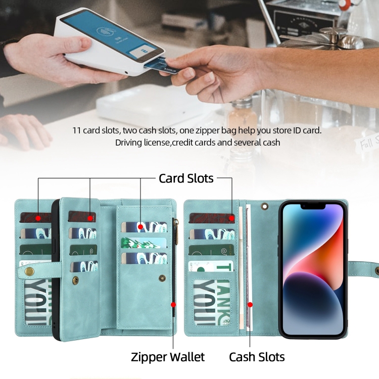 For iPhone 14 Plus Zipper Wallet Magnetic Detachable Leather Phone Case(Blue) For iPhone 14 Plus Zipper Wallet Magnetic Detachable Leather Phone Case(Blue)