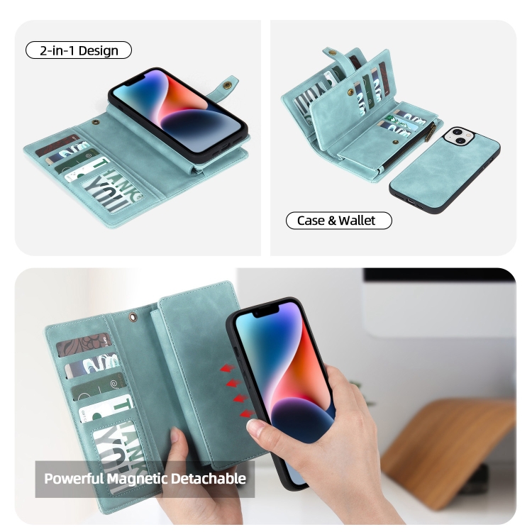 For iPhone 14 Plus Zipper Wallet Magnetic Detachable Leather Phone Case(Blue) For iPhone 14 Plus Zipper Wallet Magnetic Detachable Leather Phone Case(Blue)