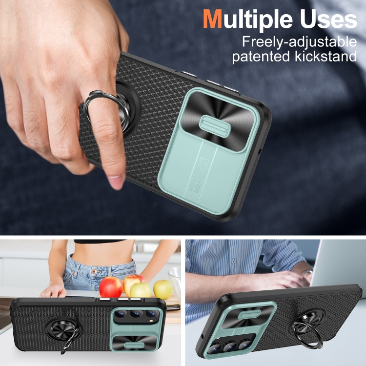 For Samsung Galaxy S23+ 5G Sliding Camshield Armor Phone Case with Ring Holder(Grey Green Black)